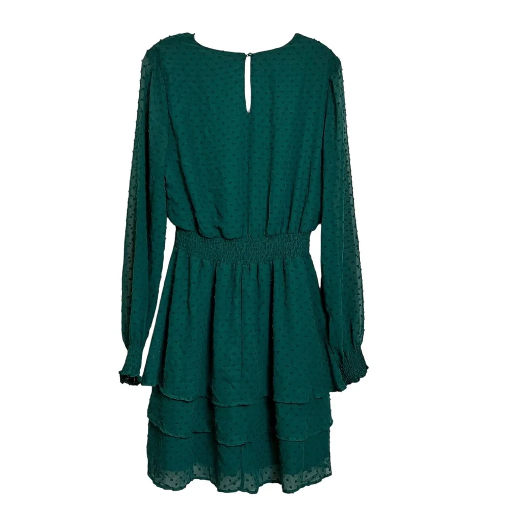 Honey & Rosie Green Swiss Dot Tiered Ruffle Long Sleeve V Neck Dress Size M‎